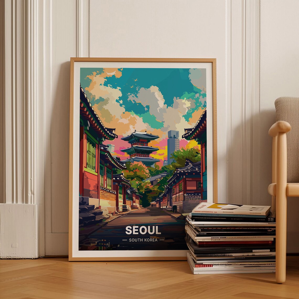 Vintage Seoul Skyline Travel Poster, Korea Cityscape