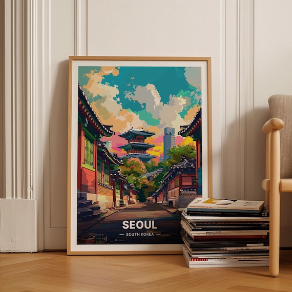 Vintage Seoul Skyline Travel Poster, Korea Cityscape