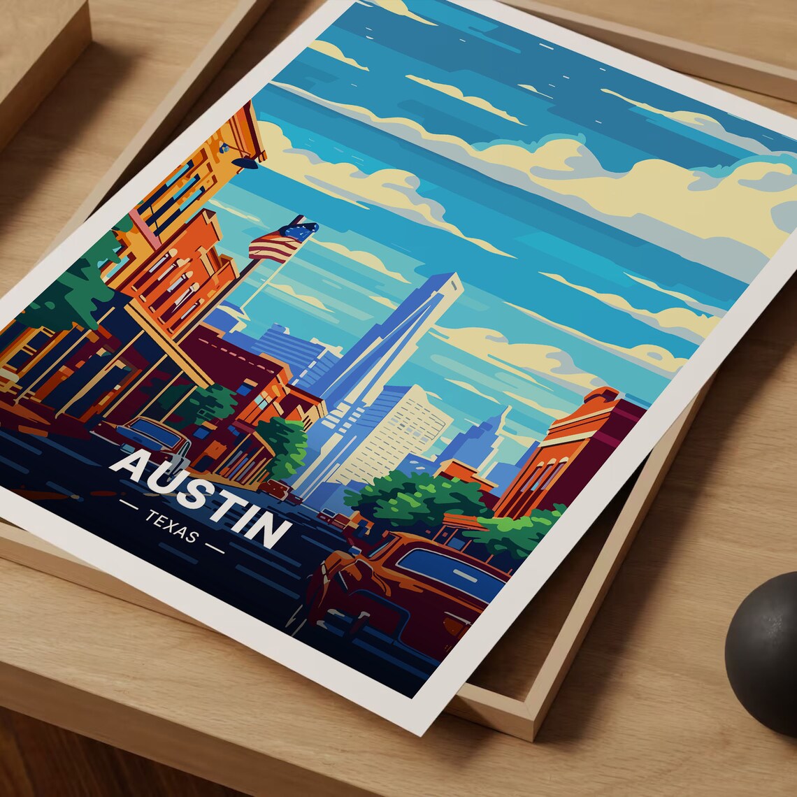 Austin Texas Downtown Skyline American Flag Street Scene Travel Poster - Image 3