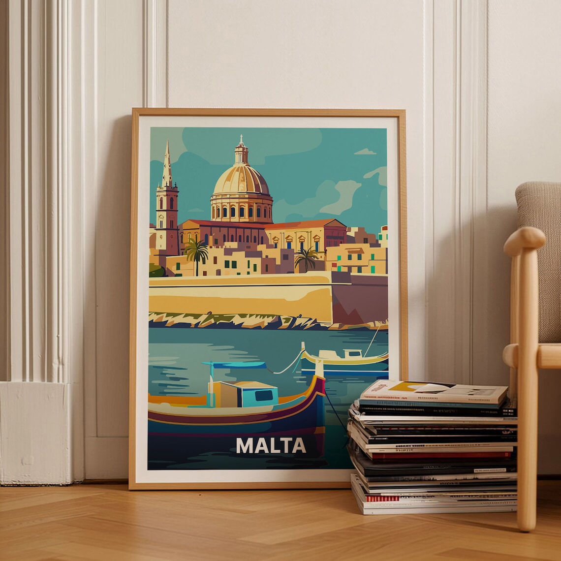 Malta Valletta Grand Harbor Domed Cathedral Retro Travel Poster