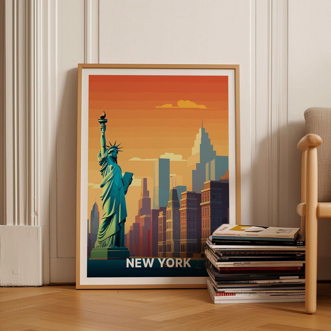 New York Statue of Liberty Sunset Skyline Retro Travel Poster