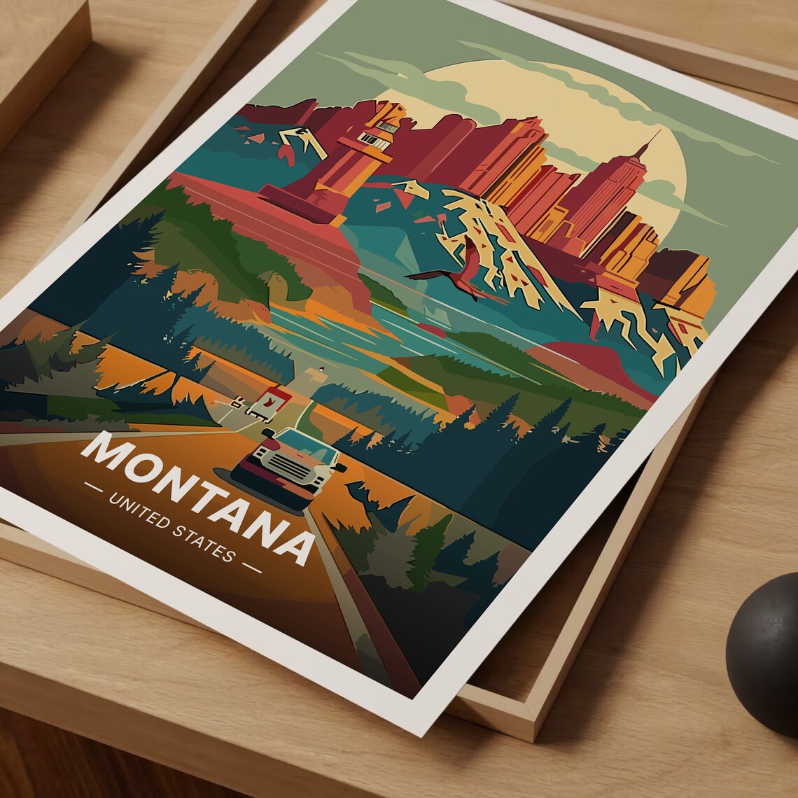 Montana Road Trip Vintage Travel Poster Mountain Highway Truck Art - Image 3