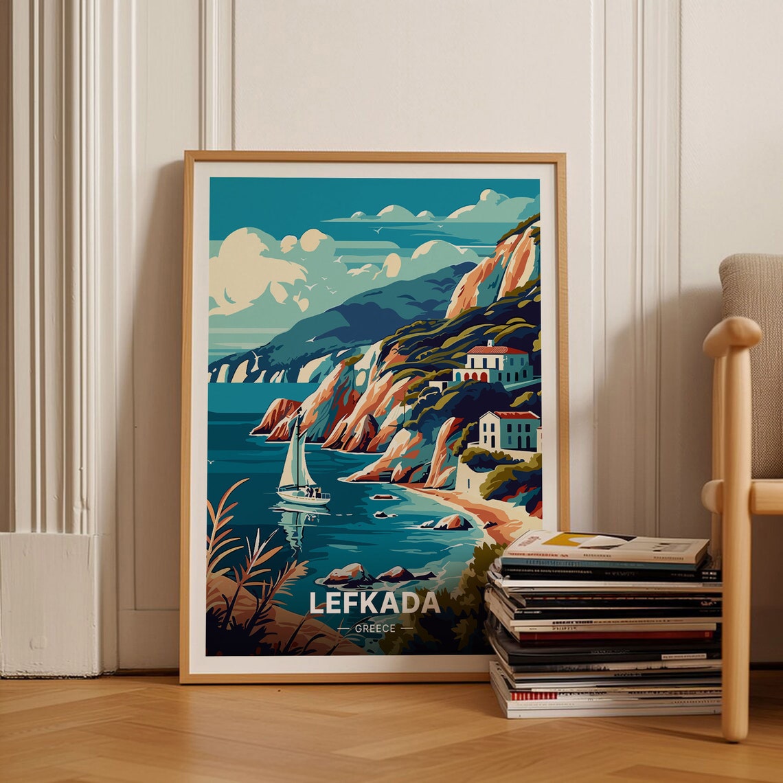 Lefkada Greece Poster Ionian Coast Cliffs Sailboat Seaside Art