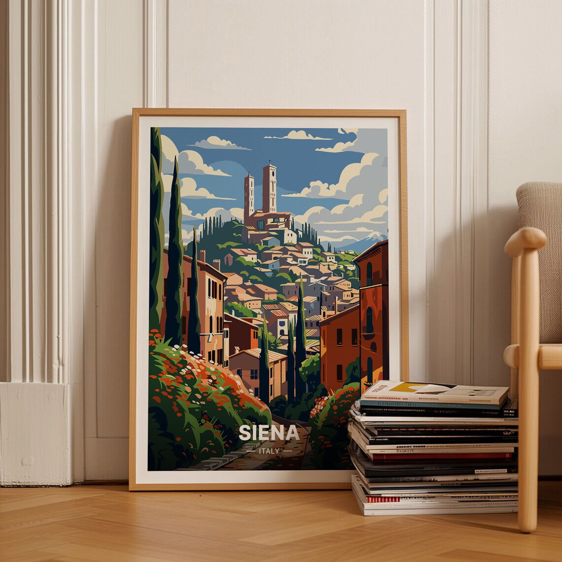 Siena Italy Medieval Hill Town Twin Towers Cypress Trees Travel Poster