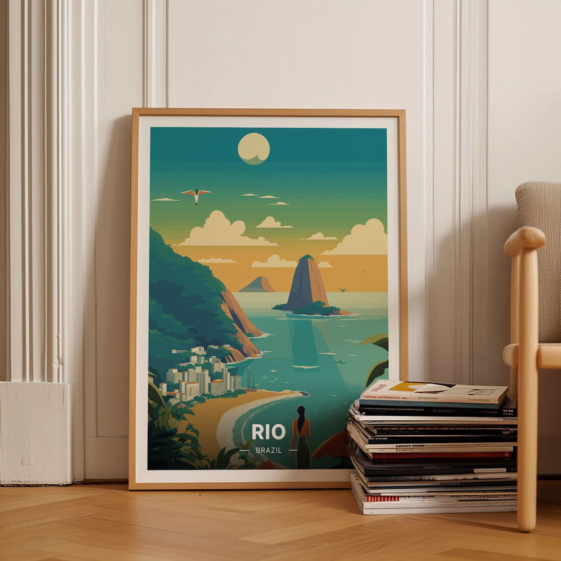 Rio Brazil Sugarloaf Mountain Beach Moon Vintage Travel Poster Art