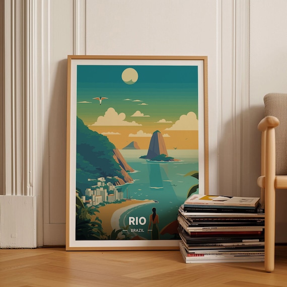 Rio Brazil Sugarloaf Mountain Beach Moon Vintage Travel Poster Art