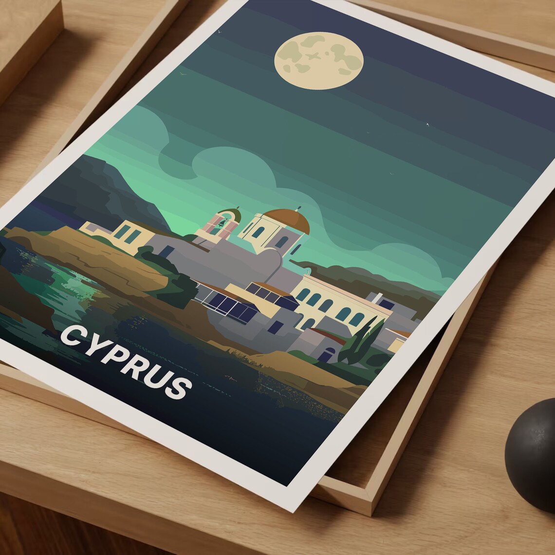 Cyprus Moonlit Night Seaside Church Dome Night Sky Travel Poster - Image 3