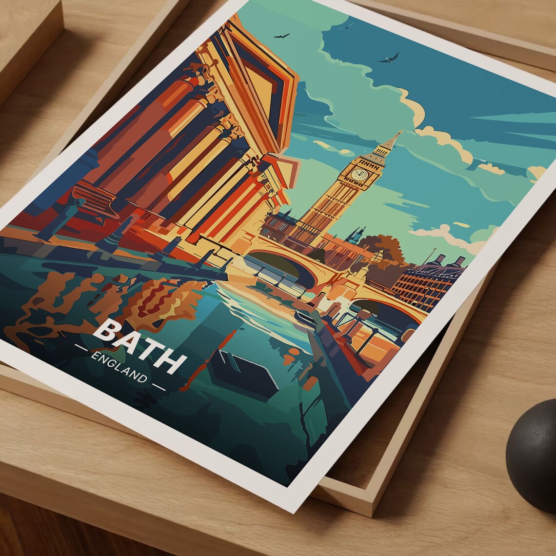 Bath England Clock Tower Riverside Cityscape Retro Style Vintage Poster - Image 3