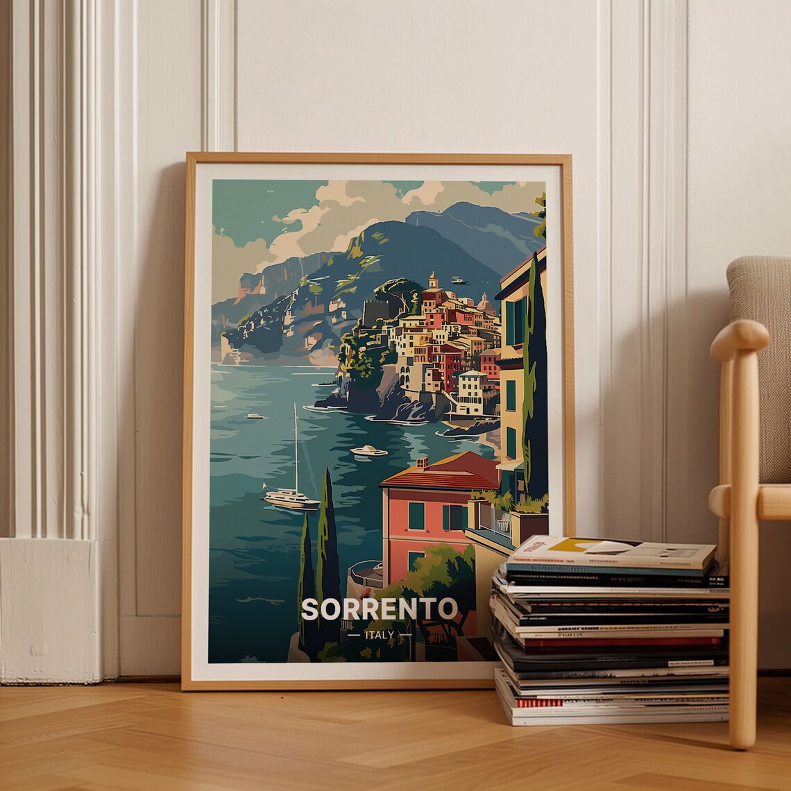 Sorrento Italy Travel Poster Amalfi Coast Cliffside Town Retro Art