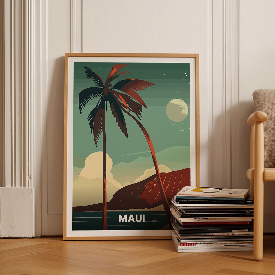 Maui Hawaii Moonlit Palm Trees Island Ocean Night Vintage Poster