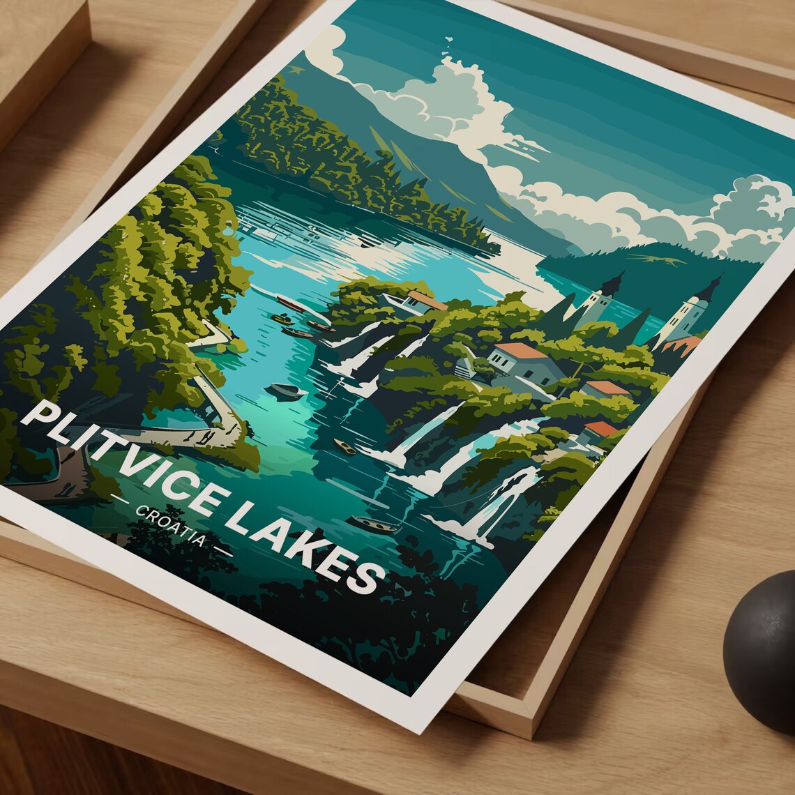Plitvice Lakes Croatia Waterfalls Retro Illustrated Travel Poster - Image 3
