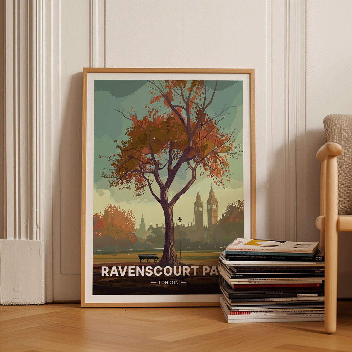 Ravenscourt Park London Autumn Tree Bench Big Ben View Travel Poster
