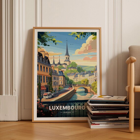 Luxembourg Europe Old Town Vintage Travel Poster Canal Bridge Church Spire