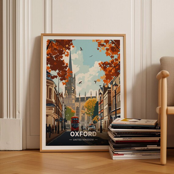 Oxford United Kingdom Autumn Street Red Bus University City Poster