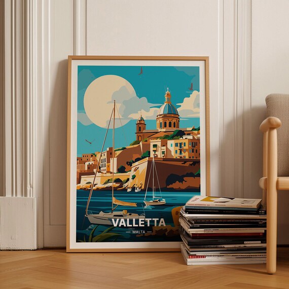 Valletta Malta Harbour Sailboats Domed Church Moonlit Travel Poster