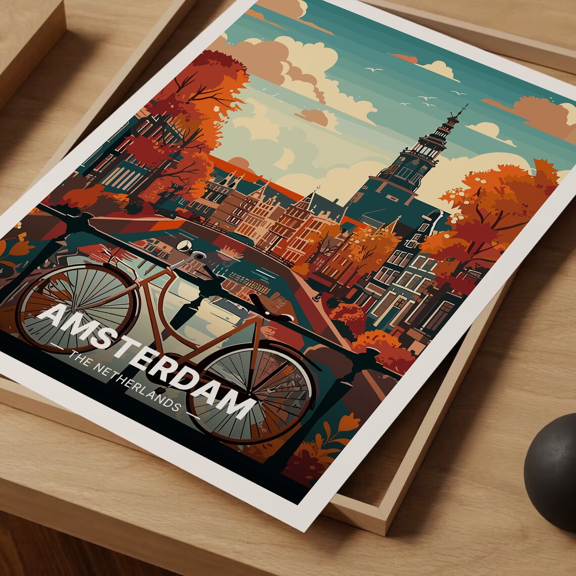 Amsterdam Netherlands Canal Bicycle Autumn Cityscape Travel Poster - Image 3