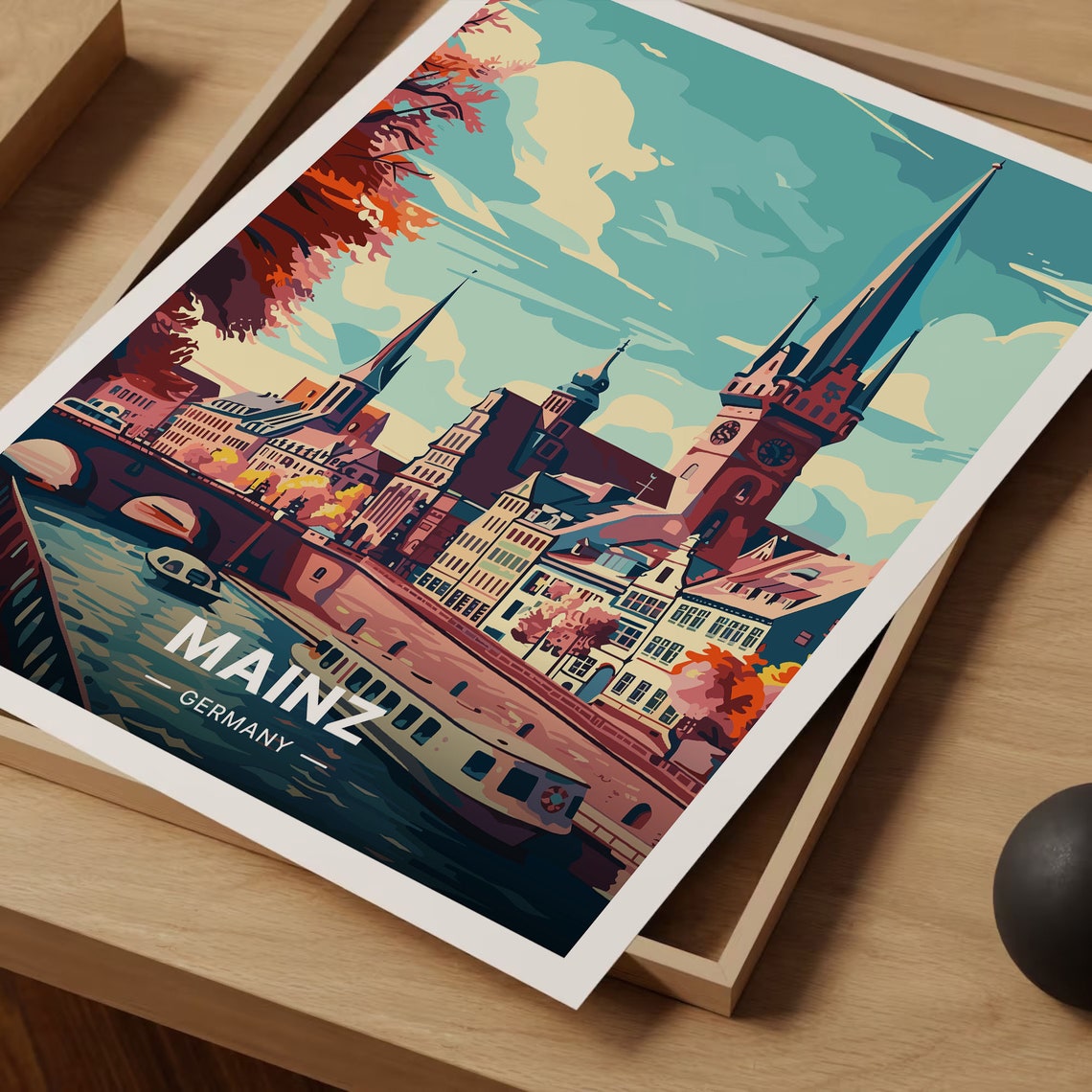 Mainz Germany Red Cathedral Tower Rhine River Bridge Travel Poster - Image 3