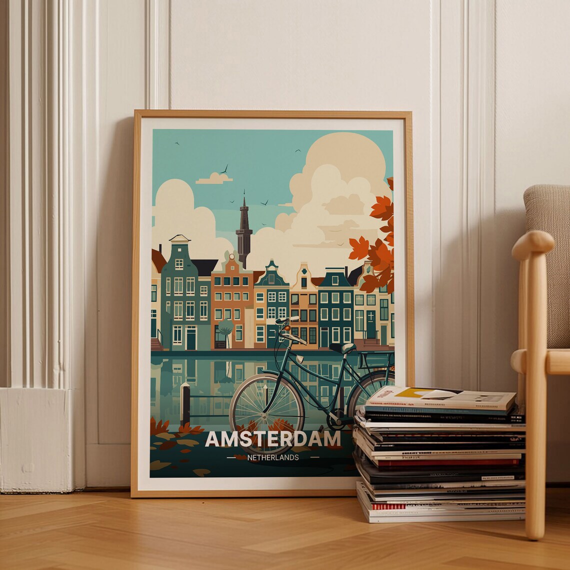 Amsterdam Netherlands Canal Houses Bicycle Vintage Travel Poster