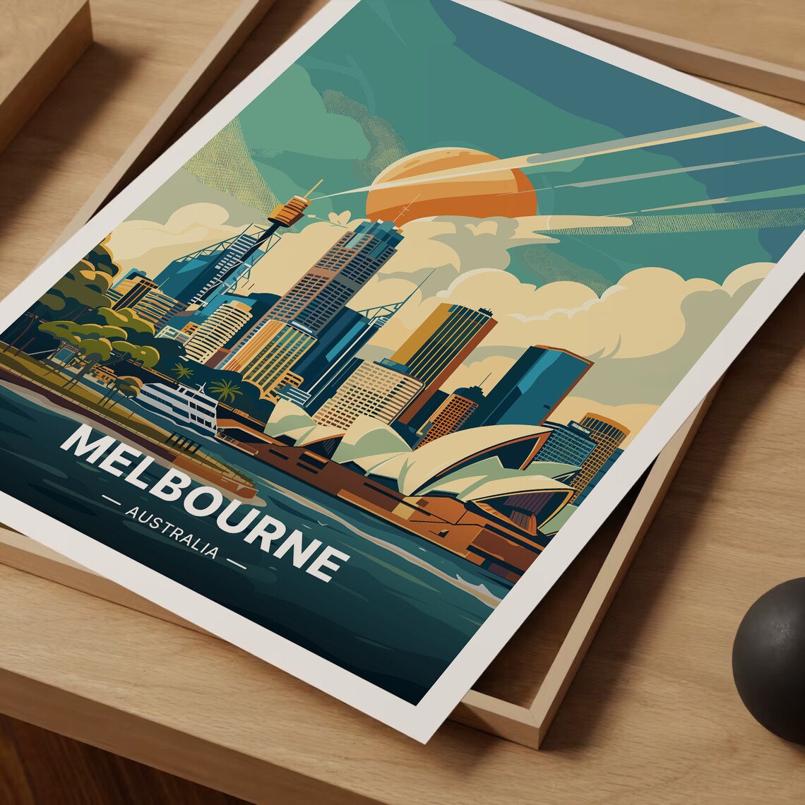 Melbourne Australia Waterfront Skyline Sunset Illustrated Travel Poster - Image 3