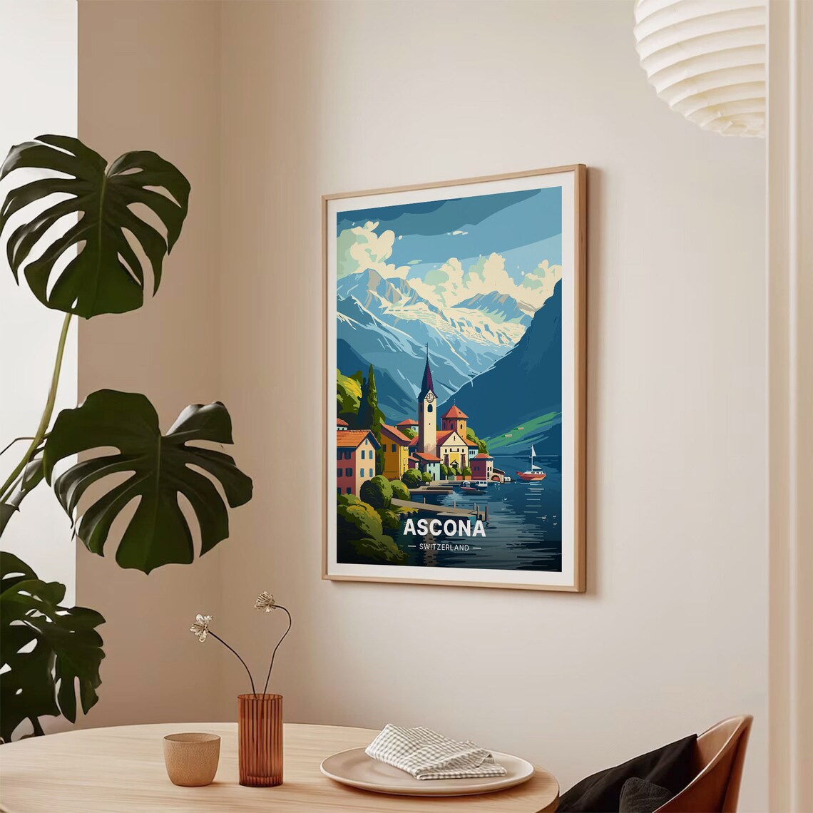 Ascona Switzerland Poster Lakeside Village Church Mountain Art - Image 2