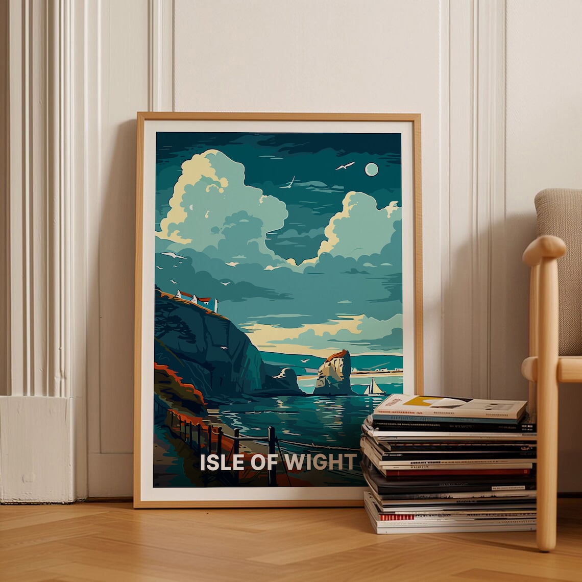 Isle of Wight Travel Poster Moonlit Cliffs Sea Sailboat Coast Art