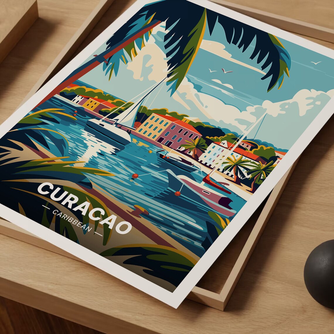 Curacao Caribbean Harbor Sailboats Vintage Island Travel Poster - Image 3