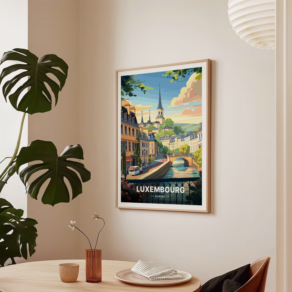 Luxembourg Europe Old Town Vintage Travel Poster Canal Bridge Church Spire - Image 2
