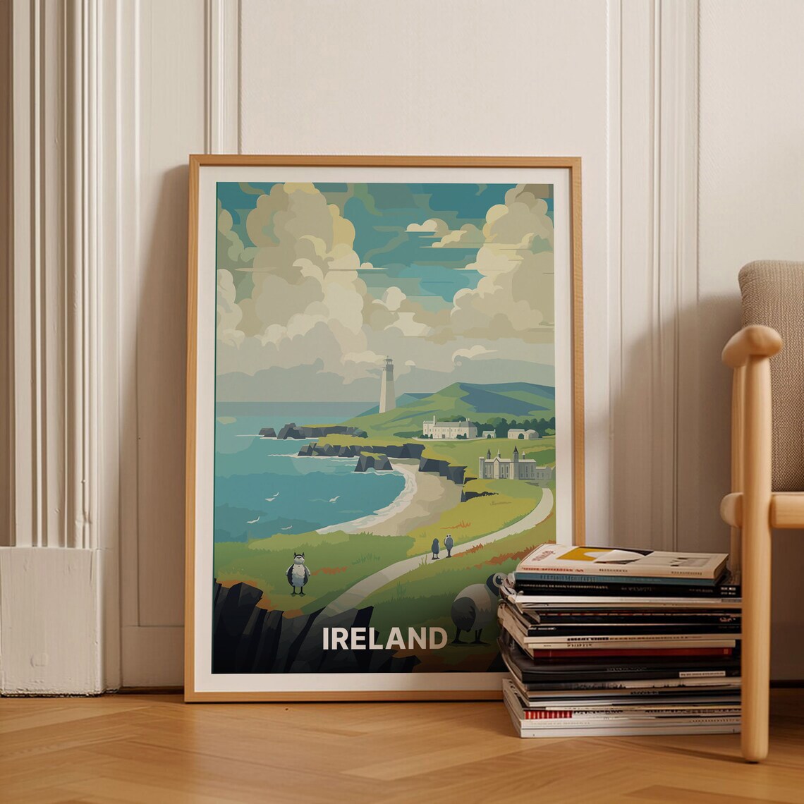 Ireland Coastal Lighthouse Sheep Cliffs Country Travel Poster