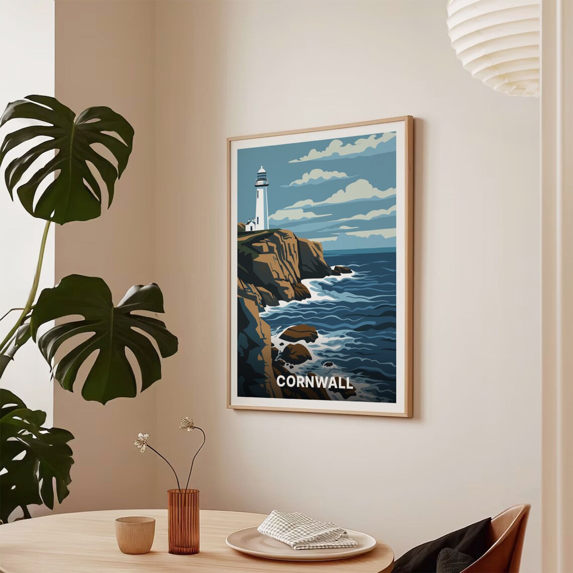 Cornwall Lighthouse Rocky Cliffs Crashing Waves Vintage Travel Poster - Image 2