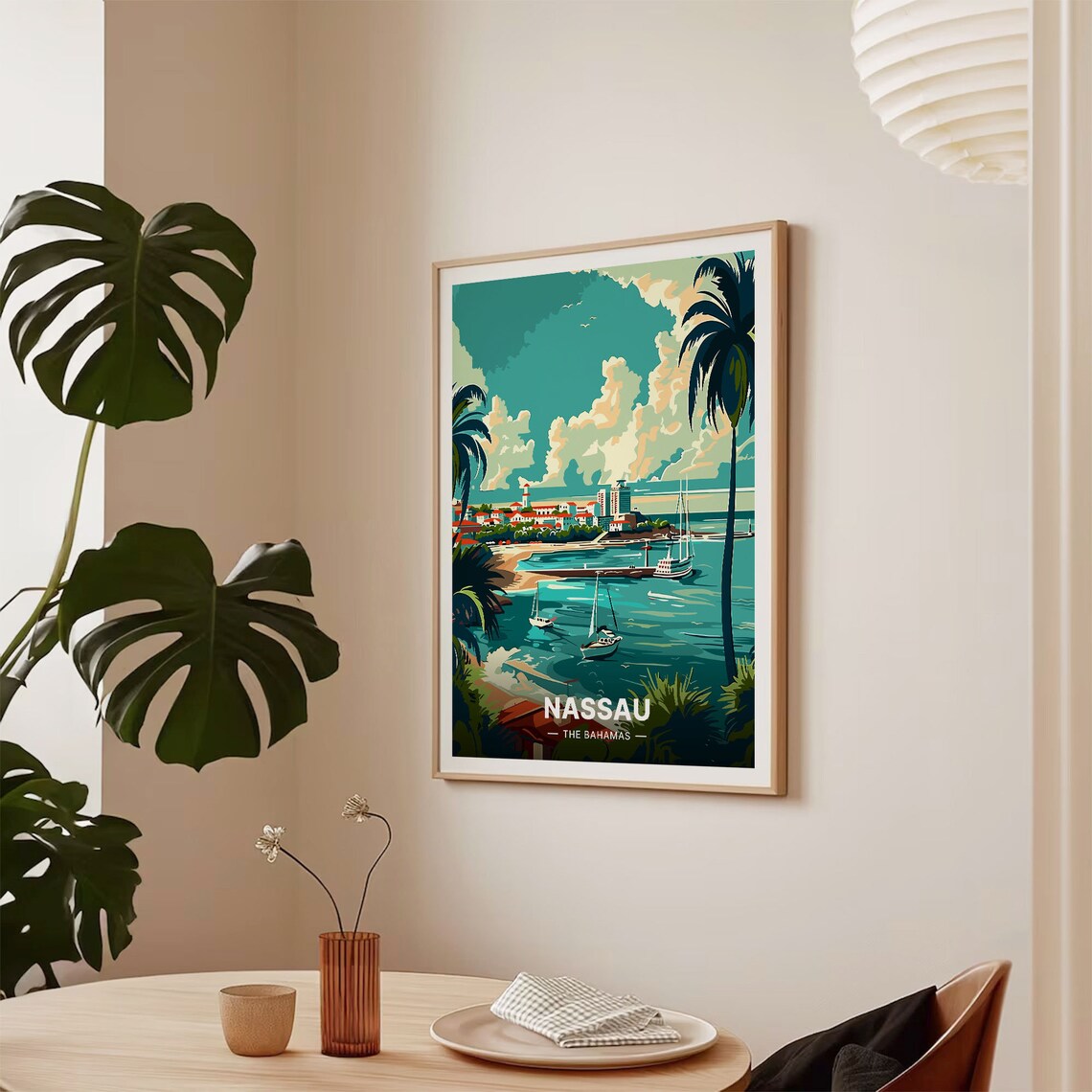 Nassau Bahamas Harbor Sailboats Palm Trees Tropical Travel Poster - Image 2