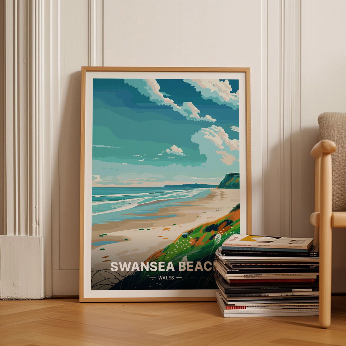 Swansea Beach Travel Poster, Wales Coastal Scene