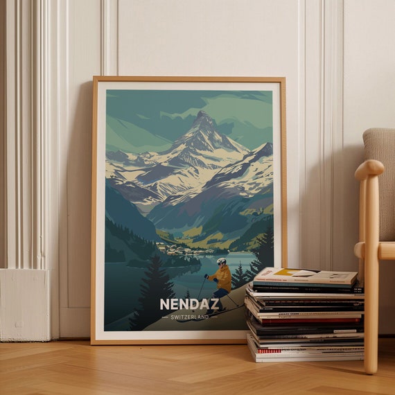 Swiss Alps Ski Resort Travel Poster Nendaz Verbier Mont Fort Art Saint Moritz Snowboarding Mountain Decor C20 1813