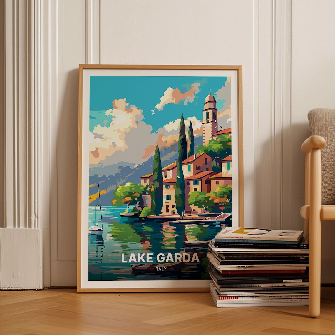 Lake Garda Italy Lakeside Village Church Tower Cypress Travel Poster