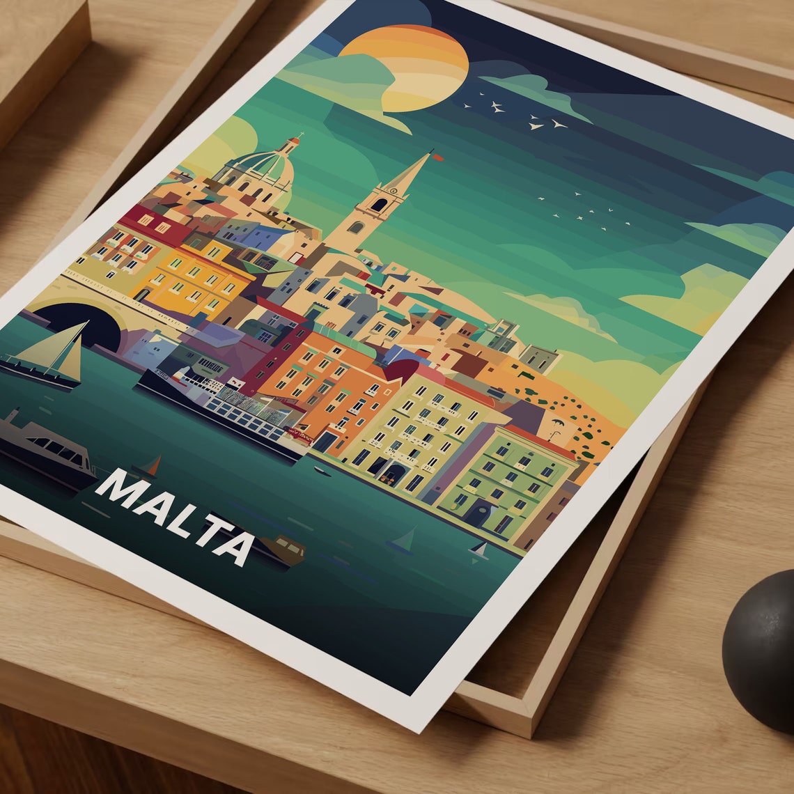 Malta Grand Harbor Sunset Waterfront Mediterranean Travel Poster - Image 3