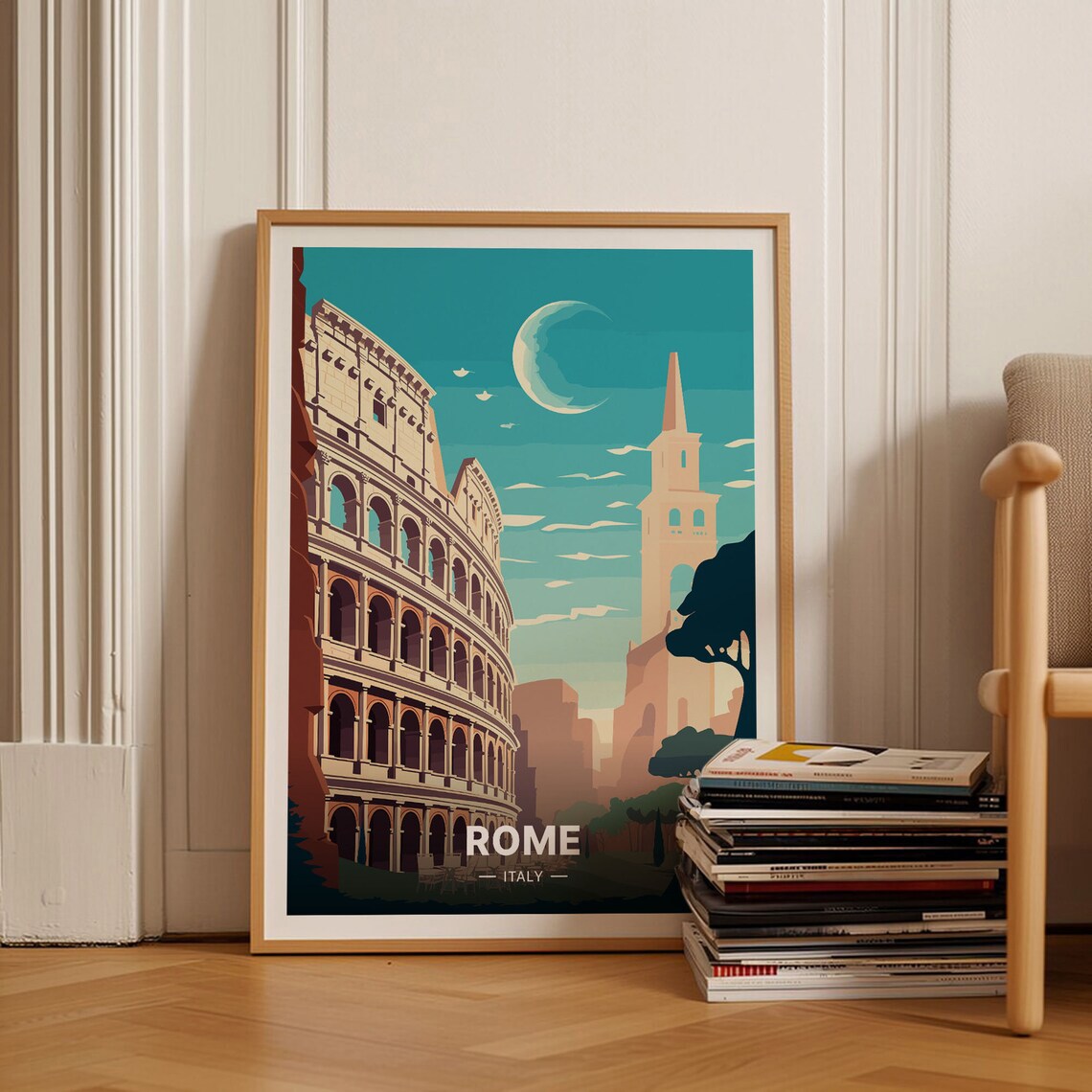 Rome Italy Travel Poster Colosseum Moonlit Night Ancient Ruins Art