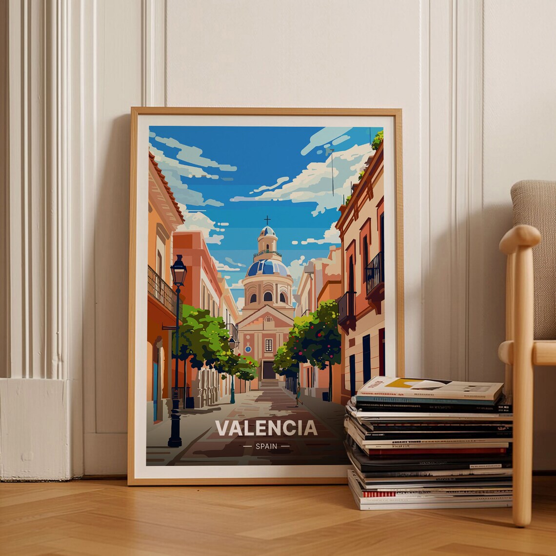 Valencia Spain Poster Old Town Street Domed Church Cityscape Art