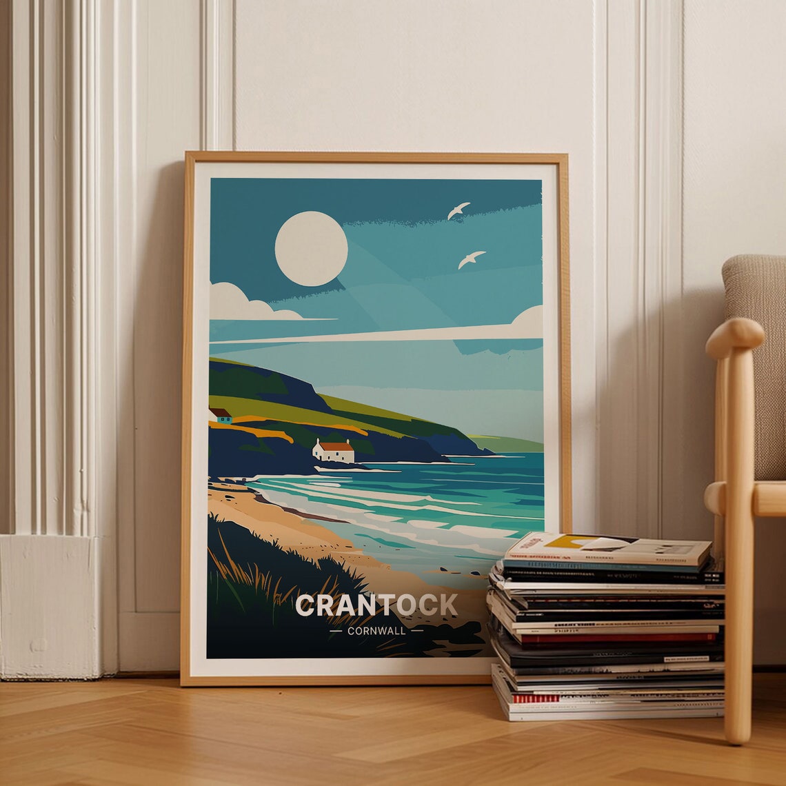 Crantock Cornwall Sunny Beach Coastal Cliffs Retro Travel Poster