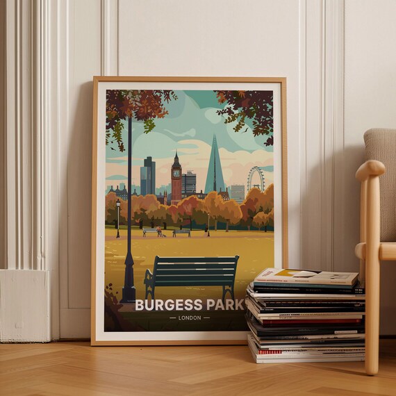 Burgess Park London Autumn Skyline Benches View Travel Poster