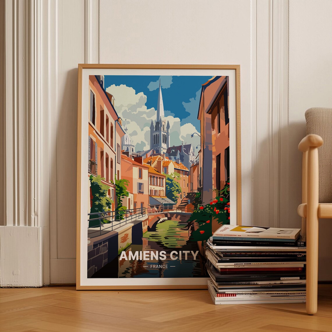 Amiens City France Canal Bridge and Cathedral Spire Travel Poster