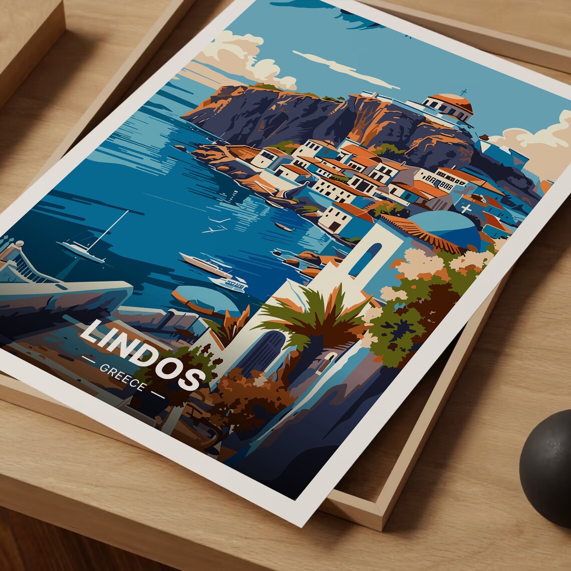Lindos Greece Travel Poster Acropolis Bay Aegean Village Scene Art - Image 3