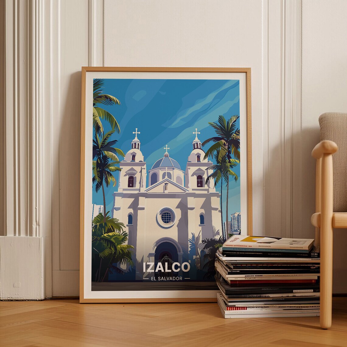 Izalco El Salvador Colonial Church Palm Trees City Landmark Poster