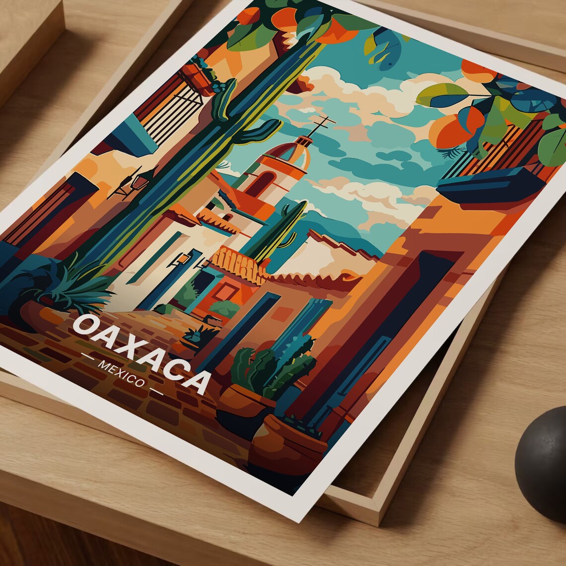 Oaxaca Mexico Poster Colorful Street Cacti Church Tower Festive Art - Image 3