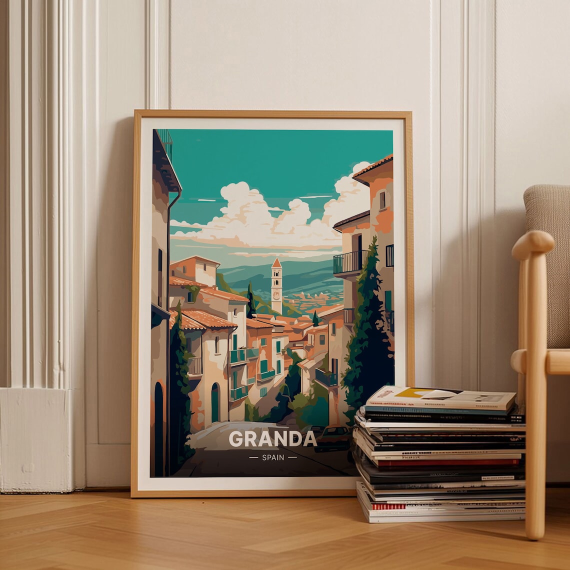 Granda Spain Hillside Old Town Bell Tower View Travel Poster