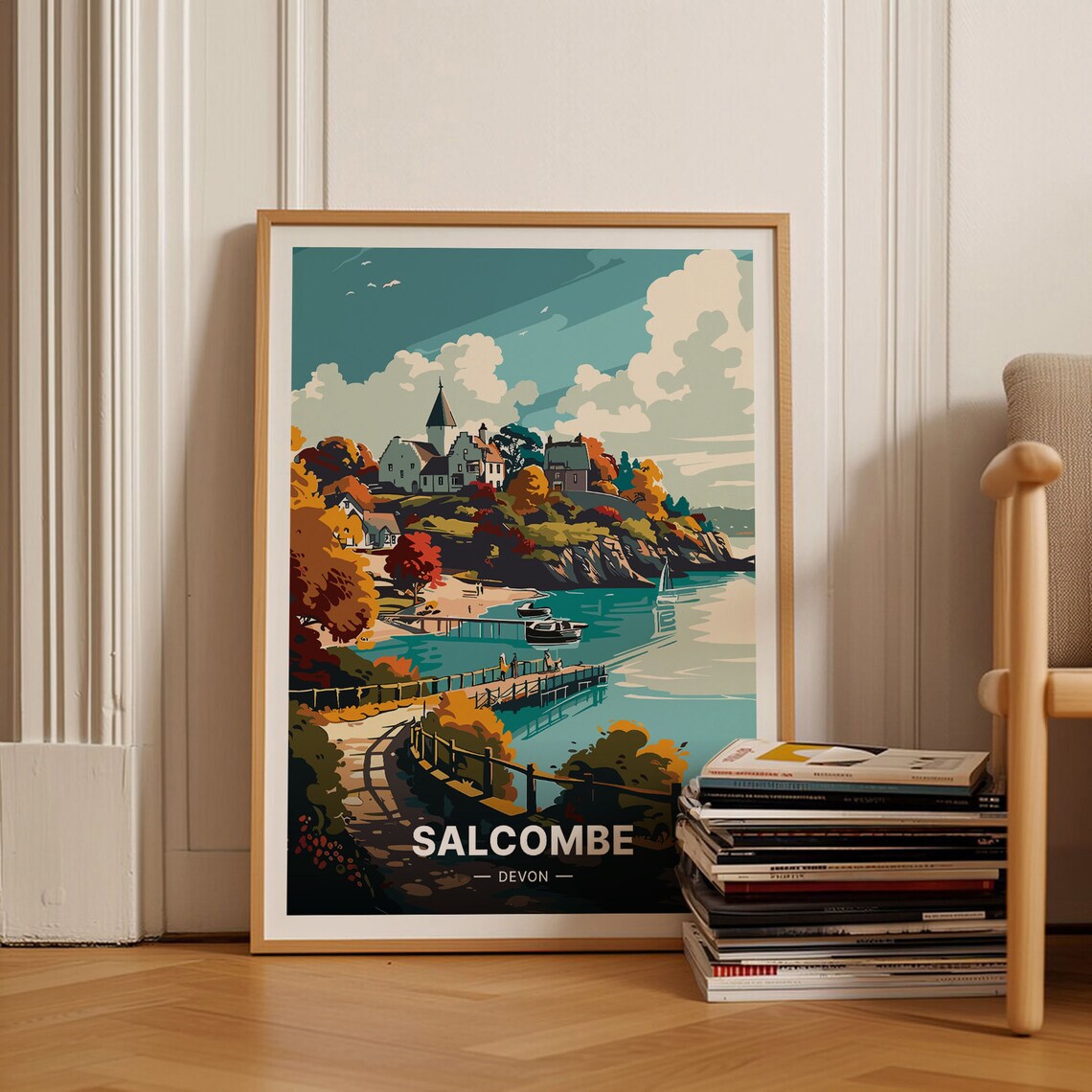 Salcombe Devon Harbor Town Vintage Travel Poster Estuary Boats Autumn Art