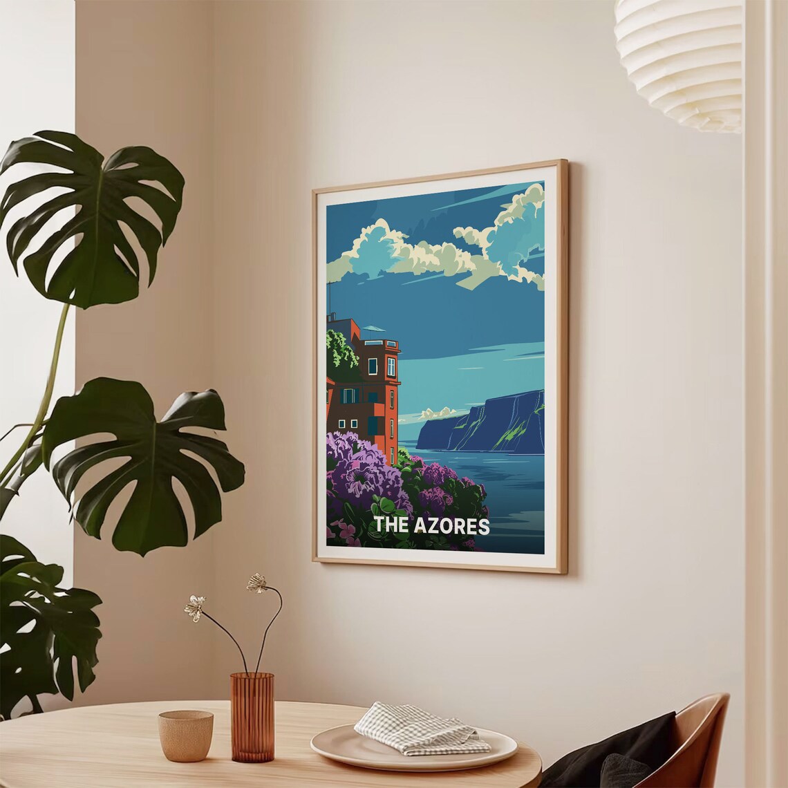 The Azores Portugal Vintage Travel Poster Coastal Cliffs Flower Art - Image 2