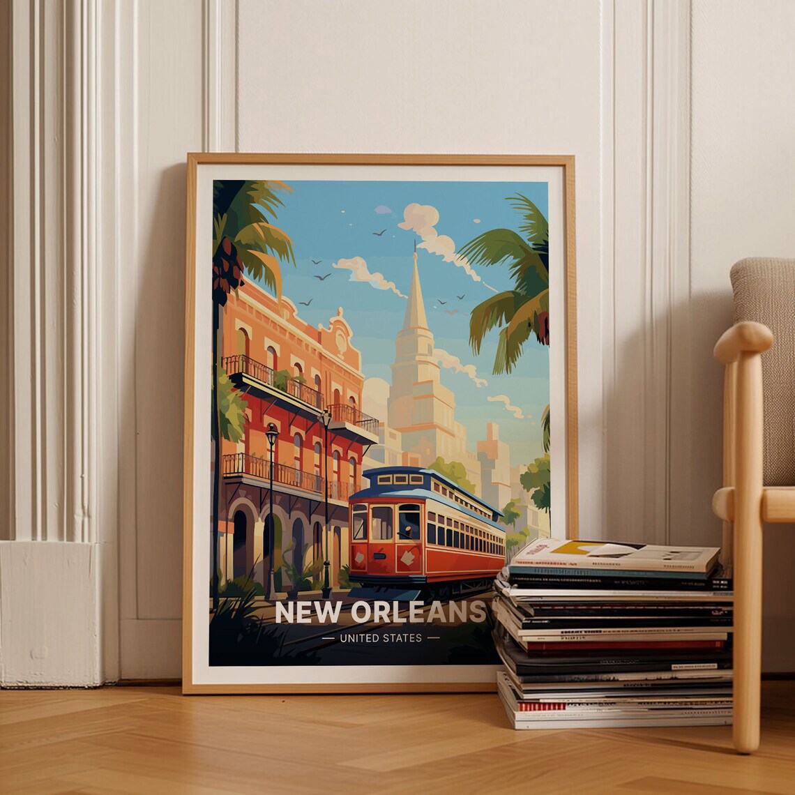 New Orleans Streetcar French Quarter Balconies Retro Travel Poster