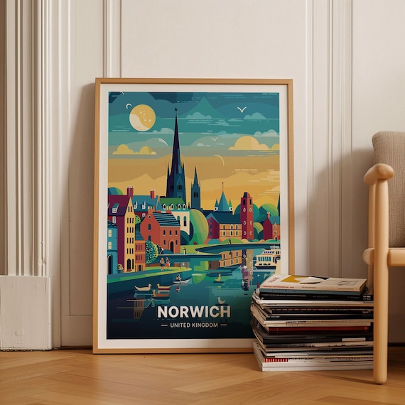 Norwich England Cathedral River Skyline Vintage Travel Poster