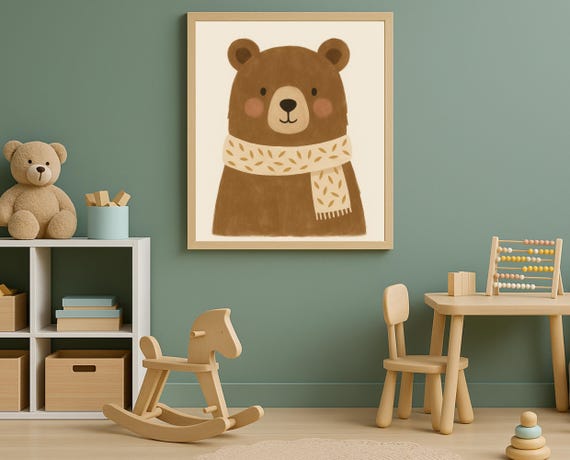 Bear Wall Art Winter Nursery Animal Decor Cute With Scarf For