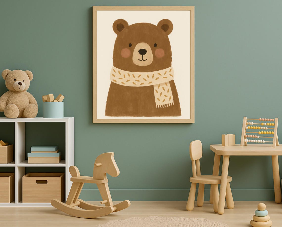 Bear Wall Art Winter Nursery Animal Decor Cute With Scarf For
