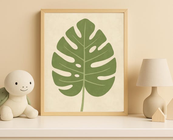 Monstera Leaf Wall Art Minimal Botanical Print For Nursery Green Nature Poster